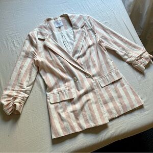 Chriselle Lim ivory peach pink stripe viscose linen blend double breasted blazer
